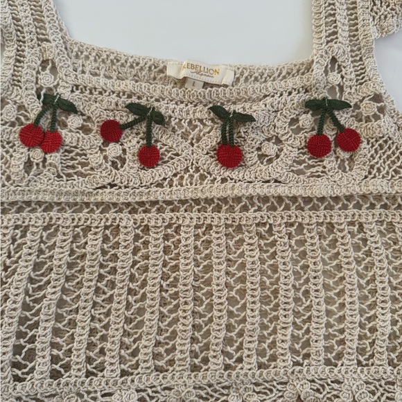 Rebellion Tan Crochet Crop Top with Cherry Details - Picture 4 of 7